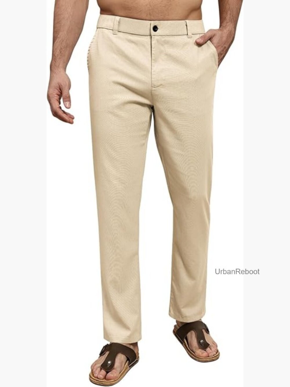 Men's Linen Blend Casual Pants Elastic Waist Straight Leg with Pockets